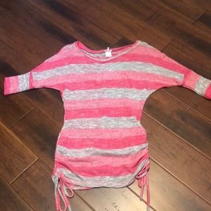 Pink and grey sheer shirt with drawstring ties on side